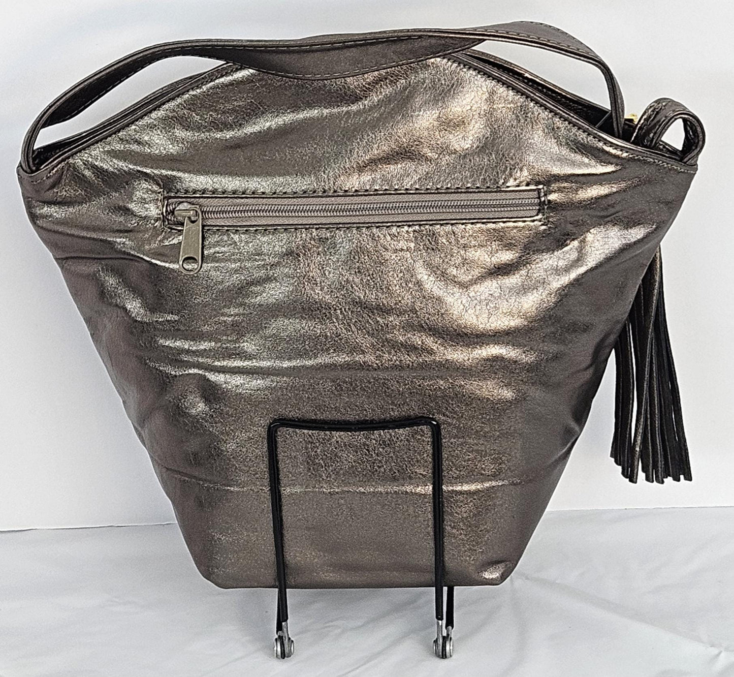 Handmade Leather Handbag: Pewter & Gold Metal Design - Made in USA