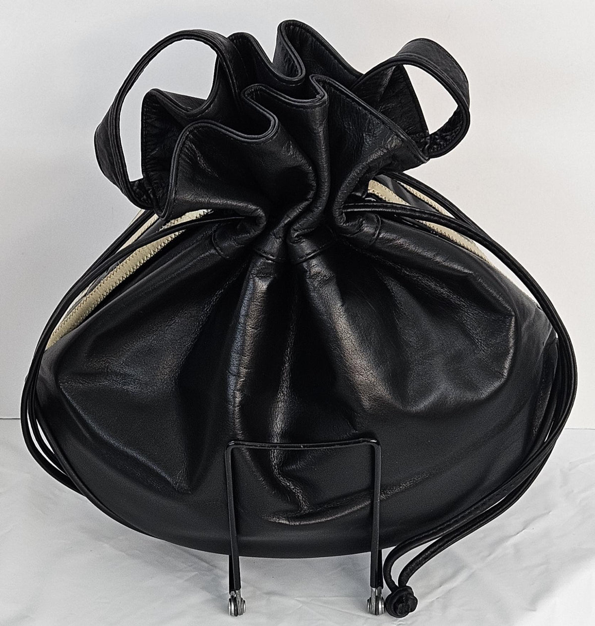 Black Striped Drawstring Shoulder Bag - Made in USA