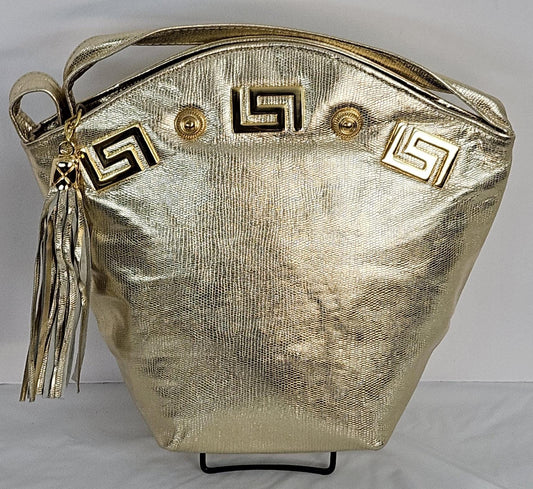 Gold metallic Print Genuine Leather with Gold Z and Butten metal design on Hand Made Handbag!#TR9047-G-metallic-p-gmzb Made in USA