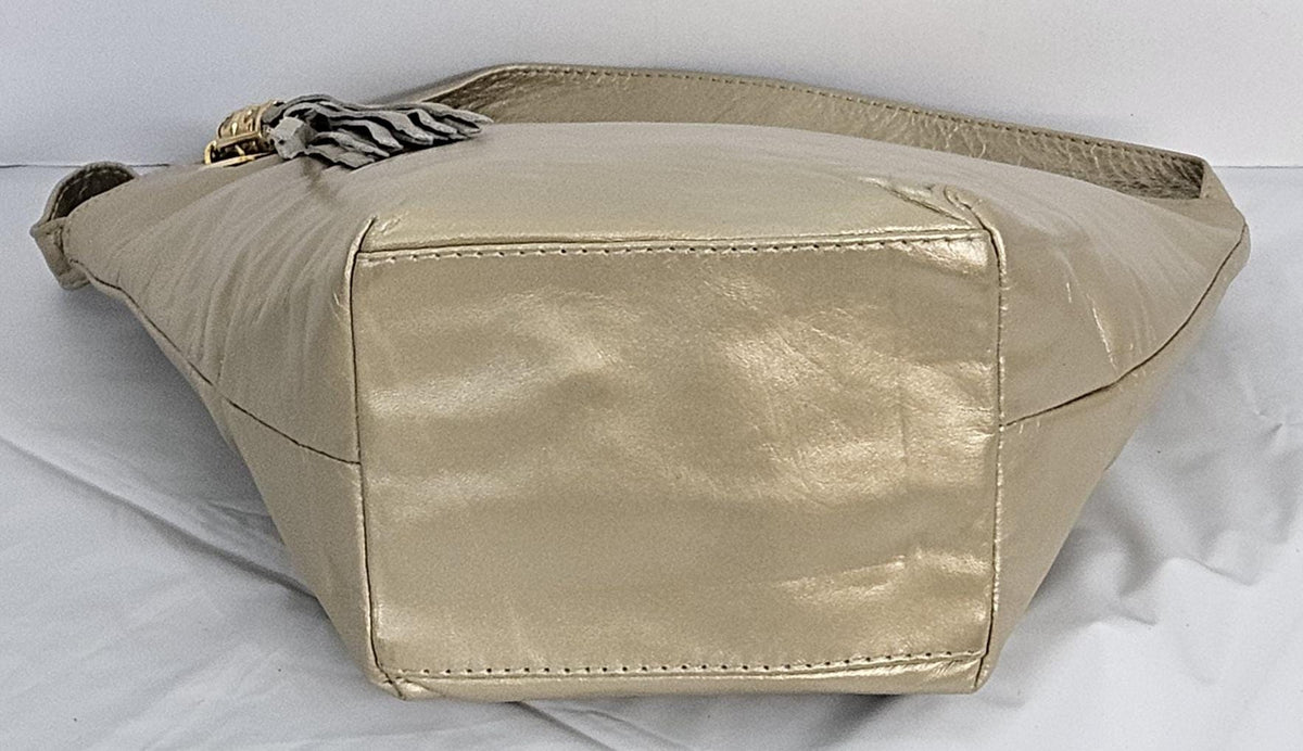 Champagne Genuine Leather Handbag: Gold Accents, Handmade in USA