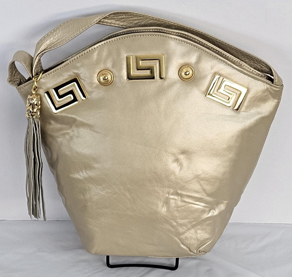 Champagne Genuine Leather Handbag: Gold Accents, Handmade in USA
