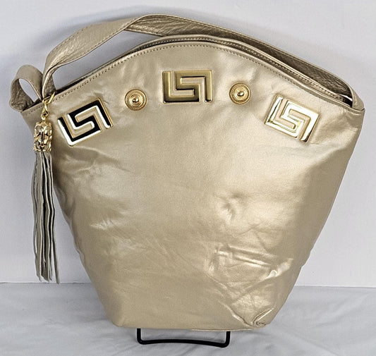 Champagne Genuine Leather Handbag: Gold Accents, Handmade in USA