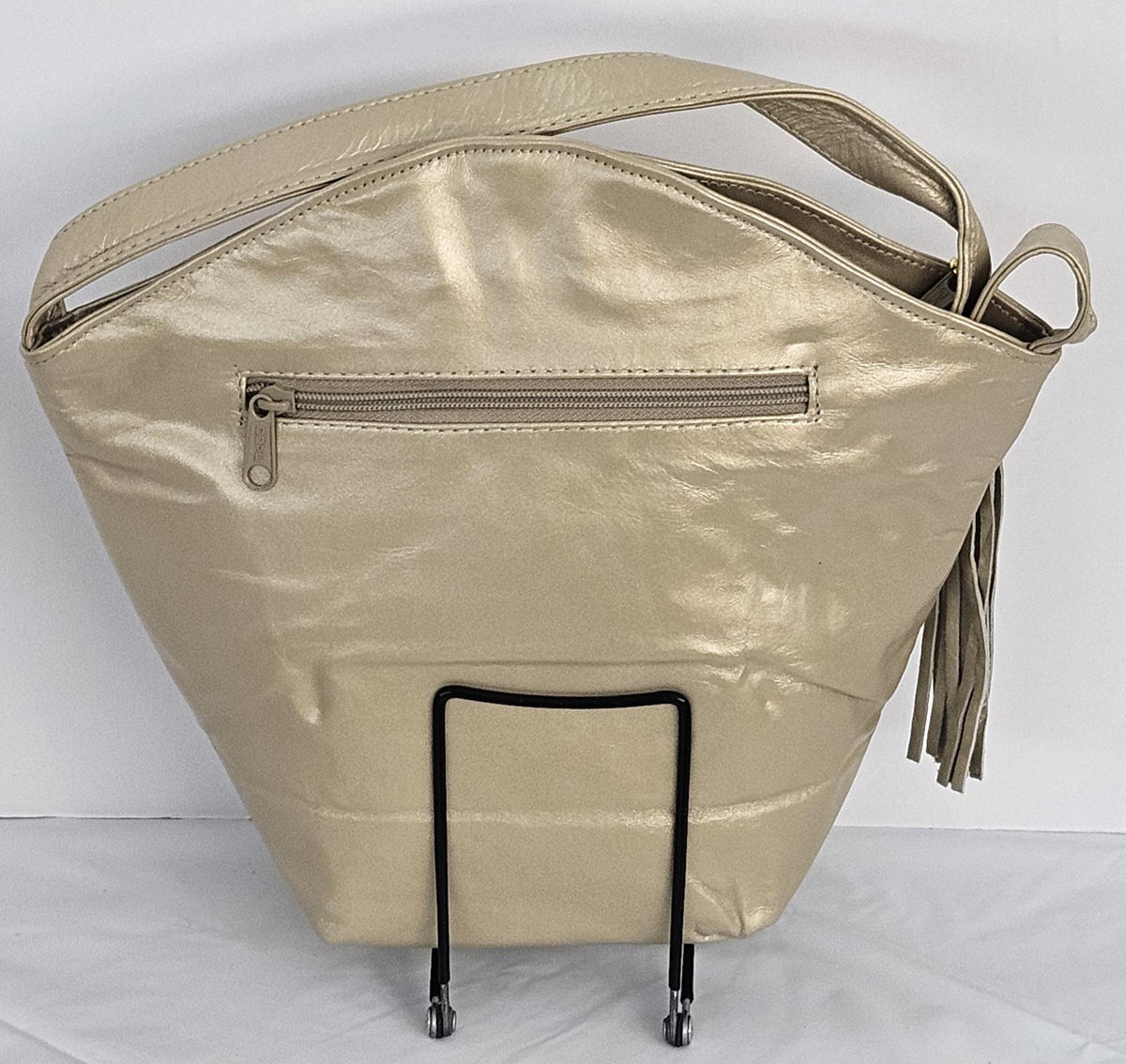 Champagne Genuine Leather Handbag: Gold Accents, Handmade in USA