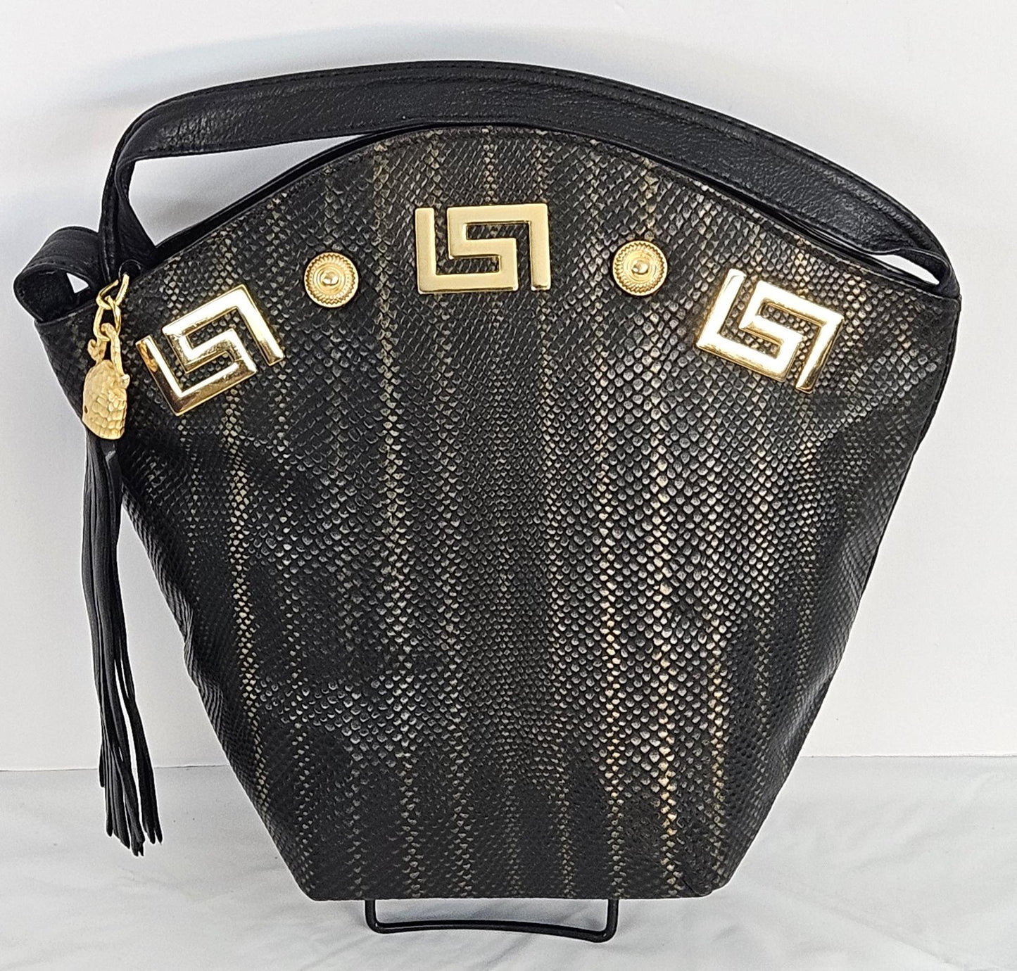 Two-Tone Black Leather Handbag: Gold Metal Detail, Handmade in USA