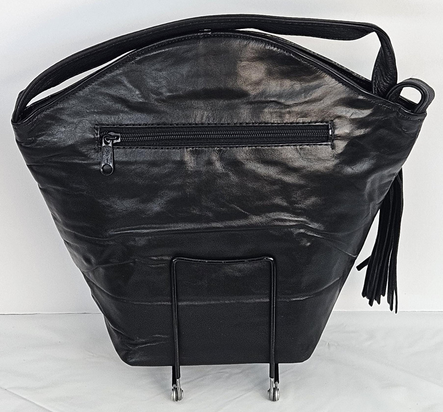 Two-Tone Black Leather Handbag: Gold Metal Detail, Handmade in USA