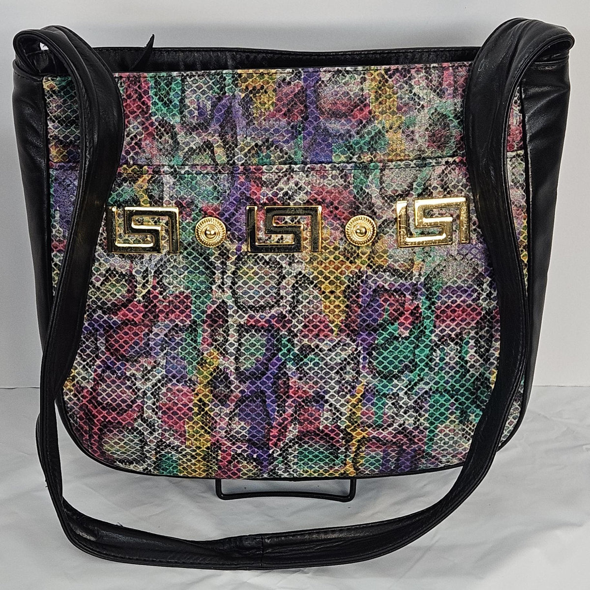 Multi Print Leather Handbag: Black & Purple, Gold Accents, Made in USA