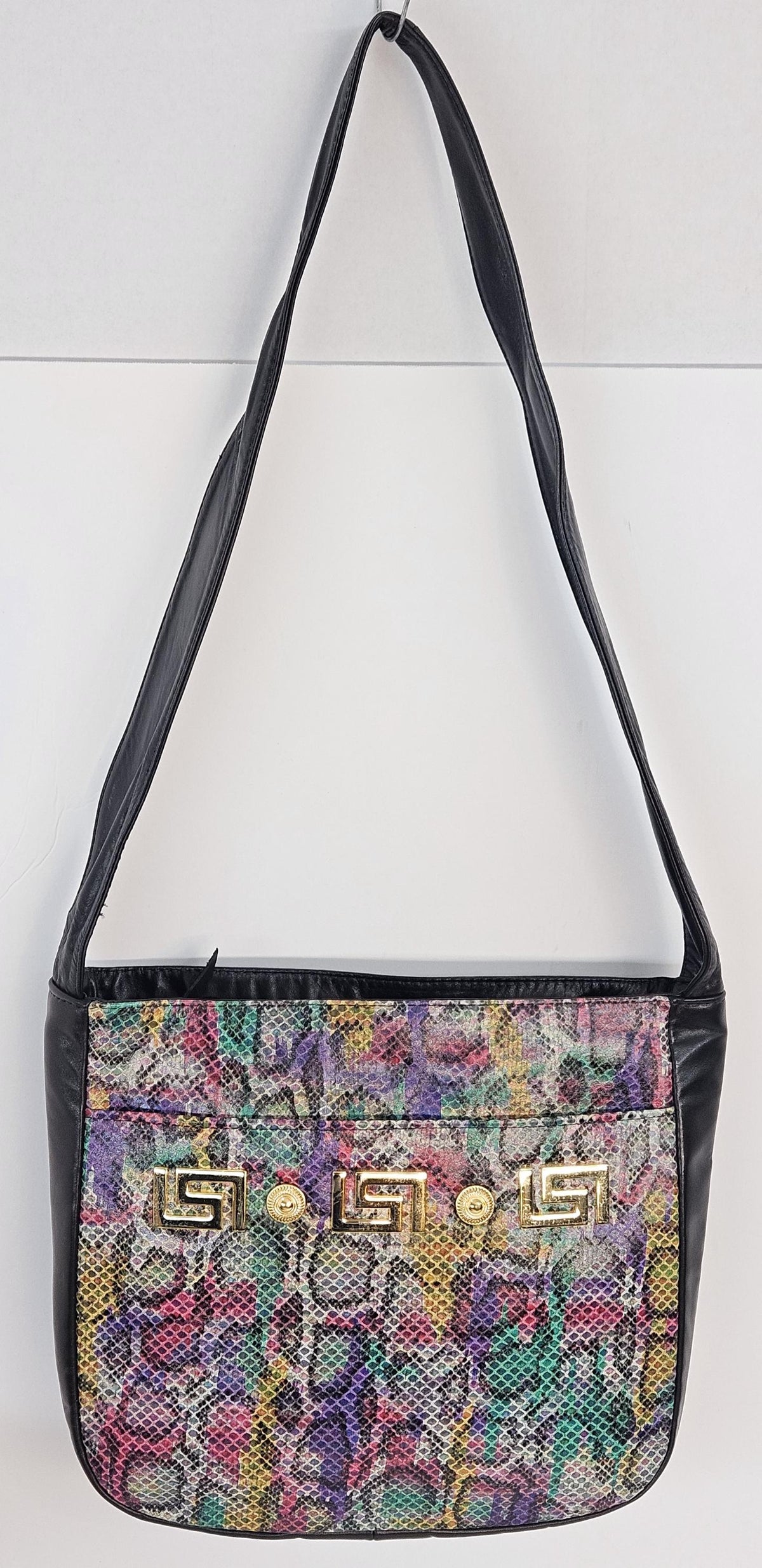 Multi Print Leather Handbag: Black & Purple, Gold Accents, Made in USA