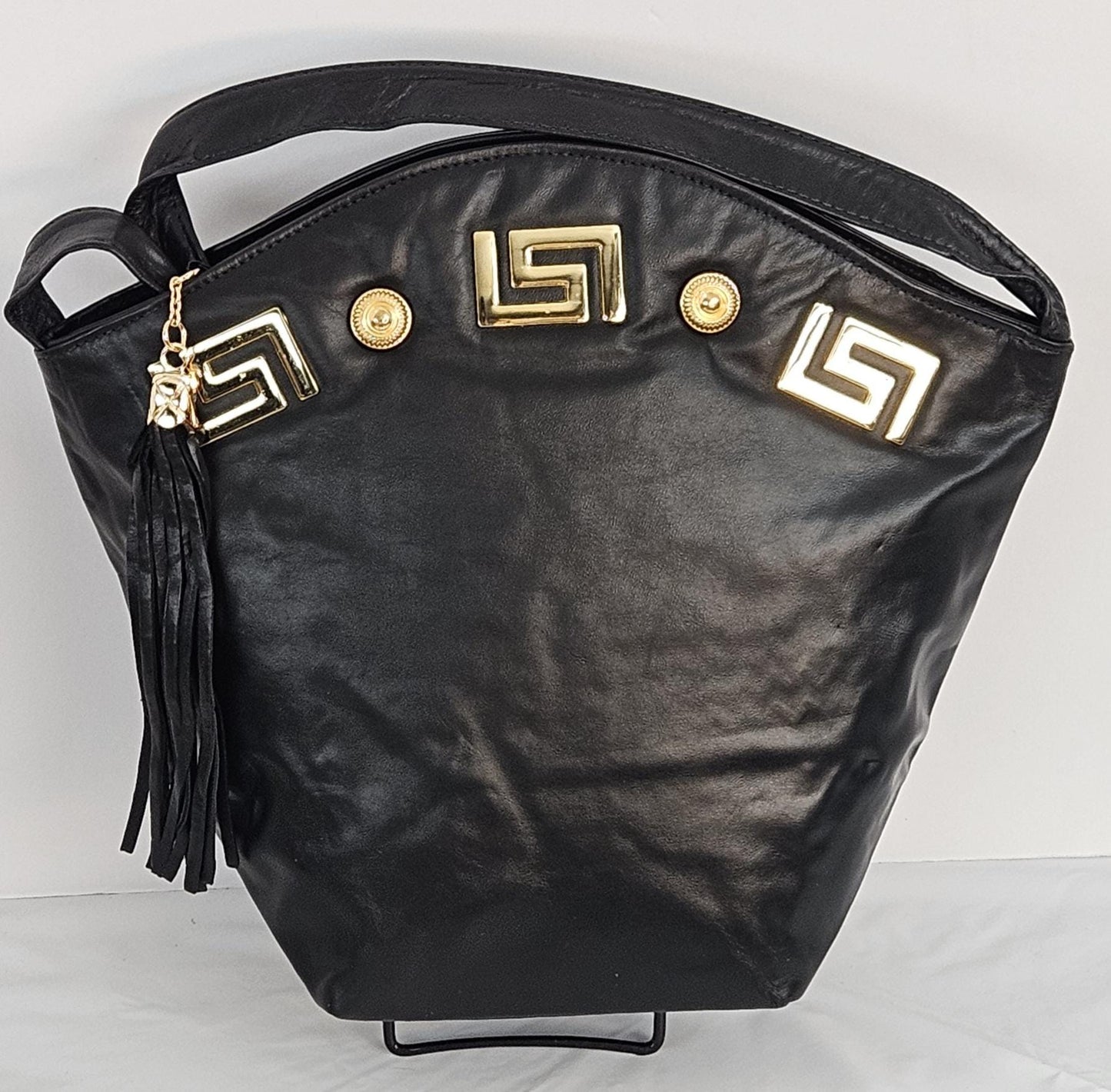 Black Genuine Leather Handbag: Gold Metal Detail, Handmade in USA