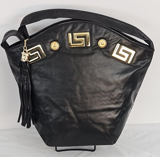 Black Genuine Leather Handbag: Gold Metal Detail, Handmade in USA