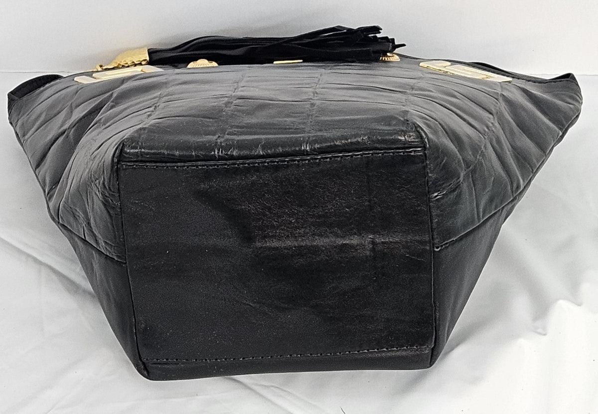Black Printed Genuine Leather Handbag: Handmade Tassel Design, Made in USA