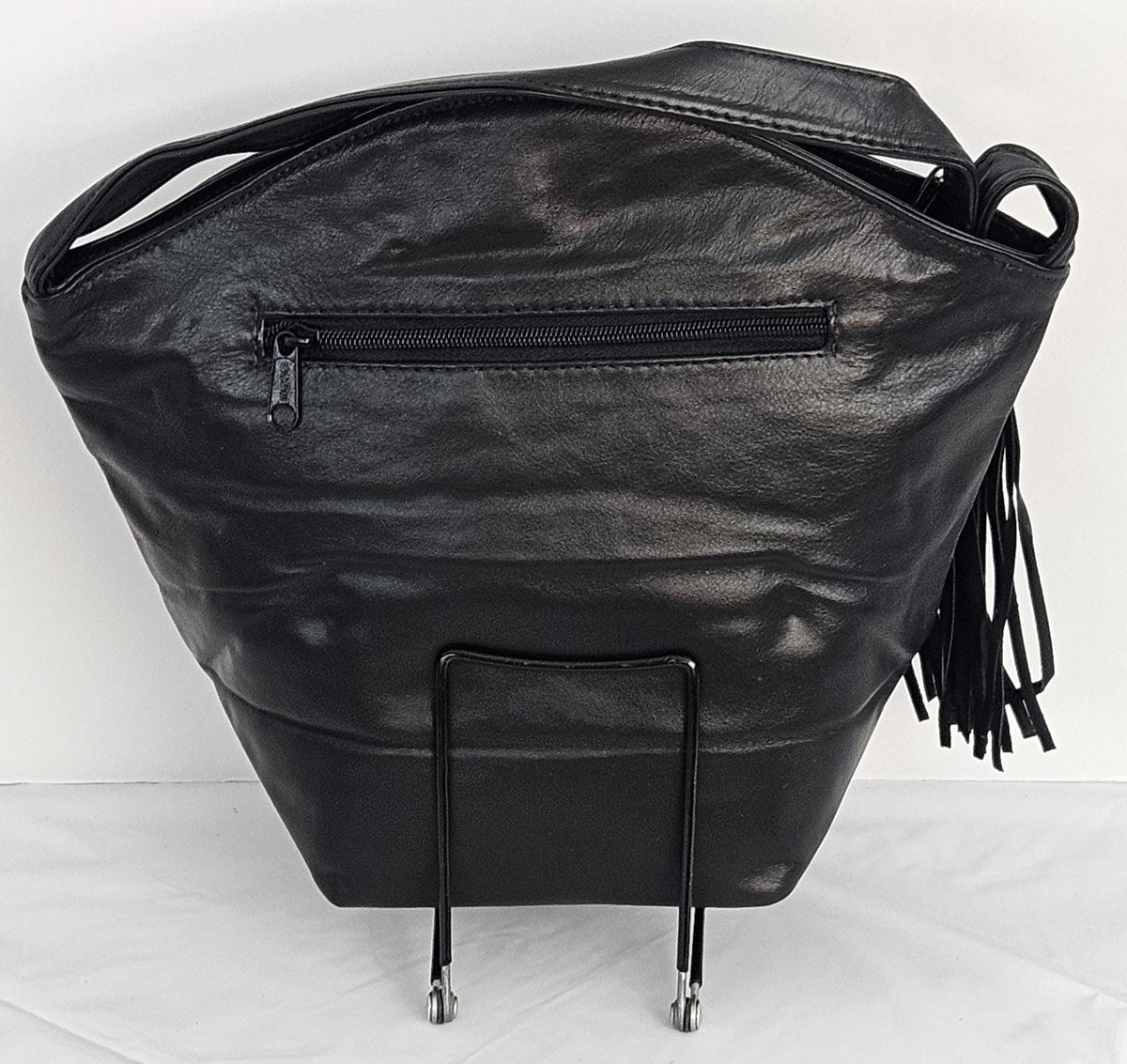 Black Printed Genuine Leather Handbag: Handmade Tassel Design, Made in USA