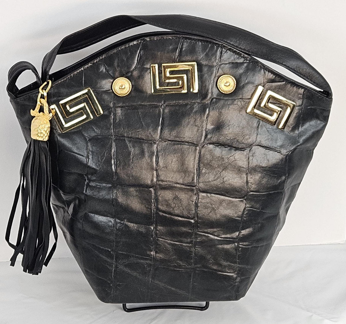 Black Printed Genuine Leather Handbag: Handmade Tassel Design, Made in USA