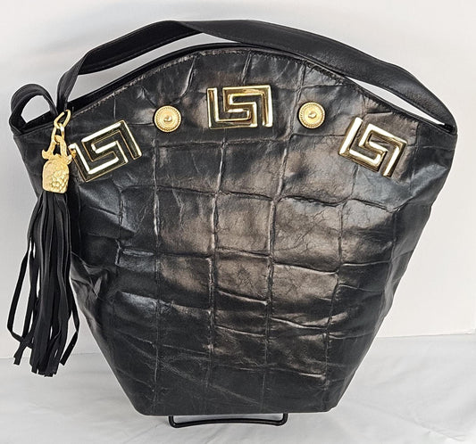 Black Printed Genuine Leather Handbag: Handmade Tassel Design, Made in USA