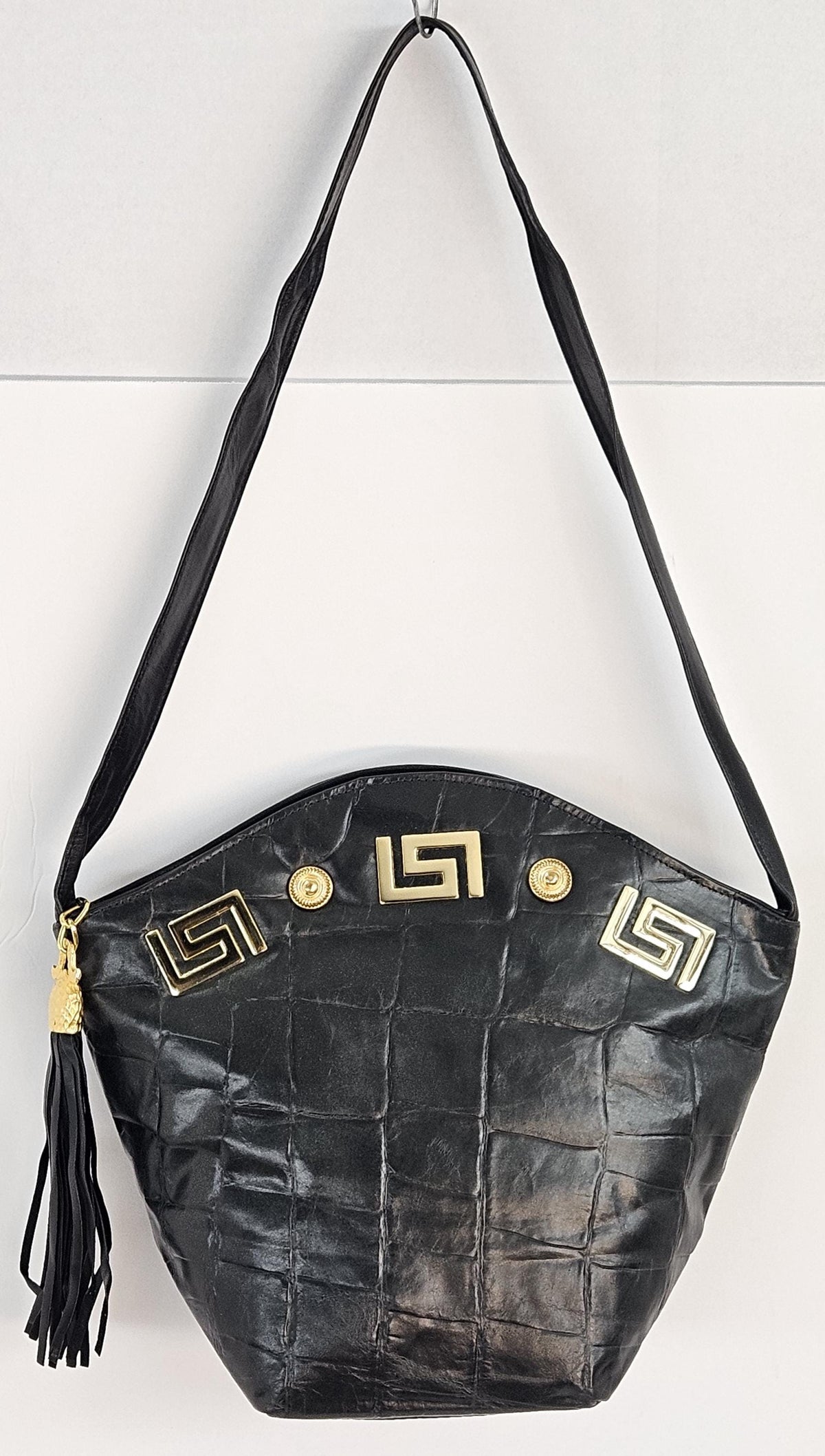 Black Printed Genuine Leather Handbag: Handmade Tassel Design, Made in USA