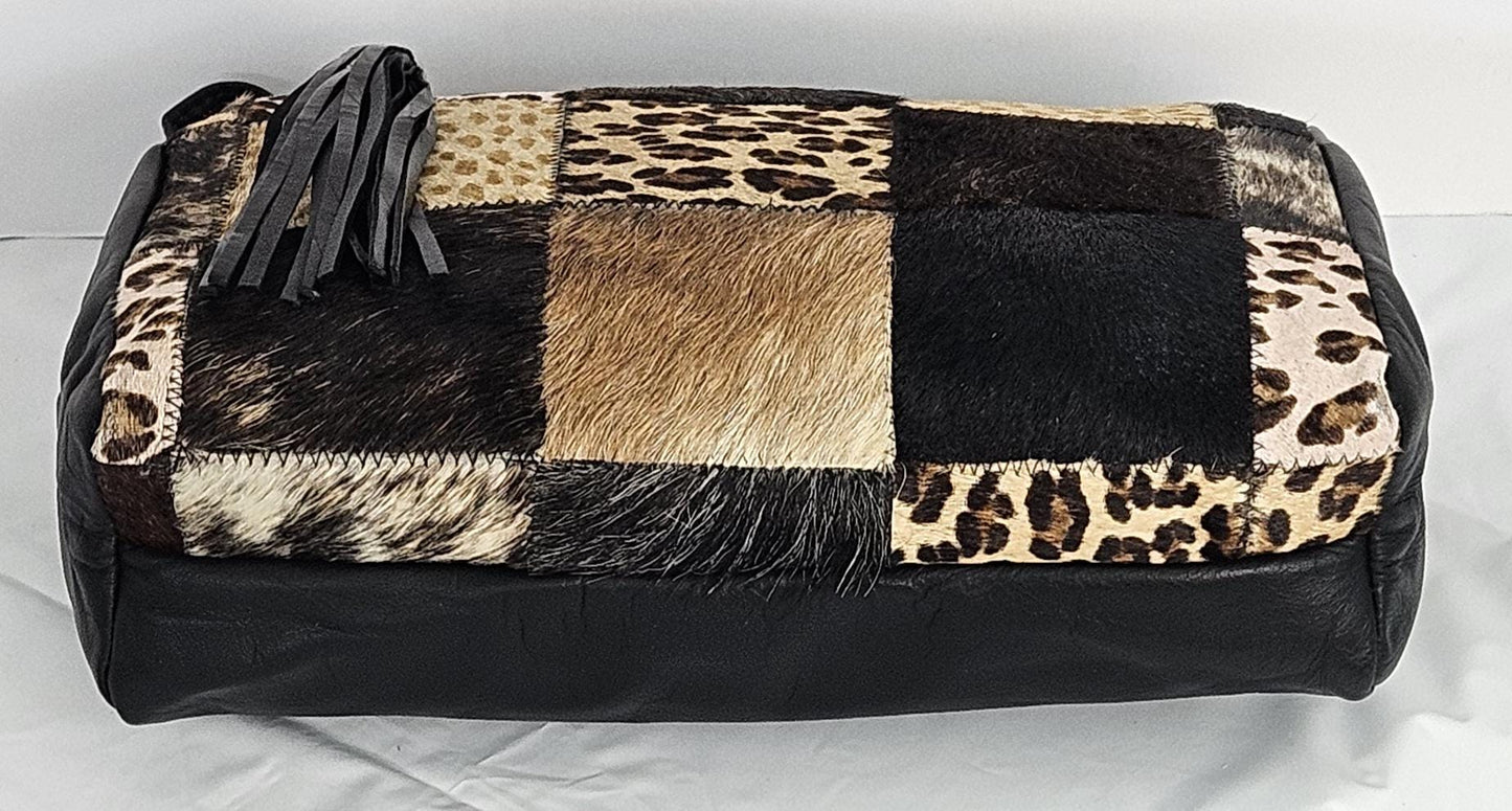 Zigzag Print Leather Handbag: Handmade Black Shoulder Bag, Made in USA