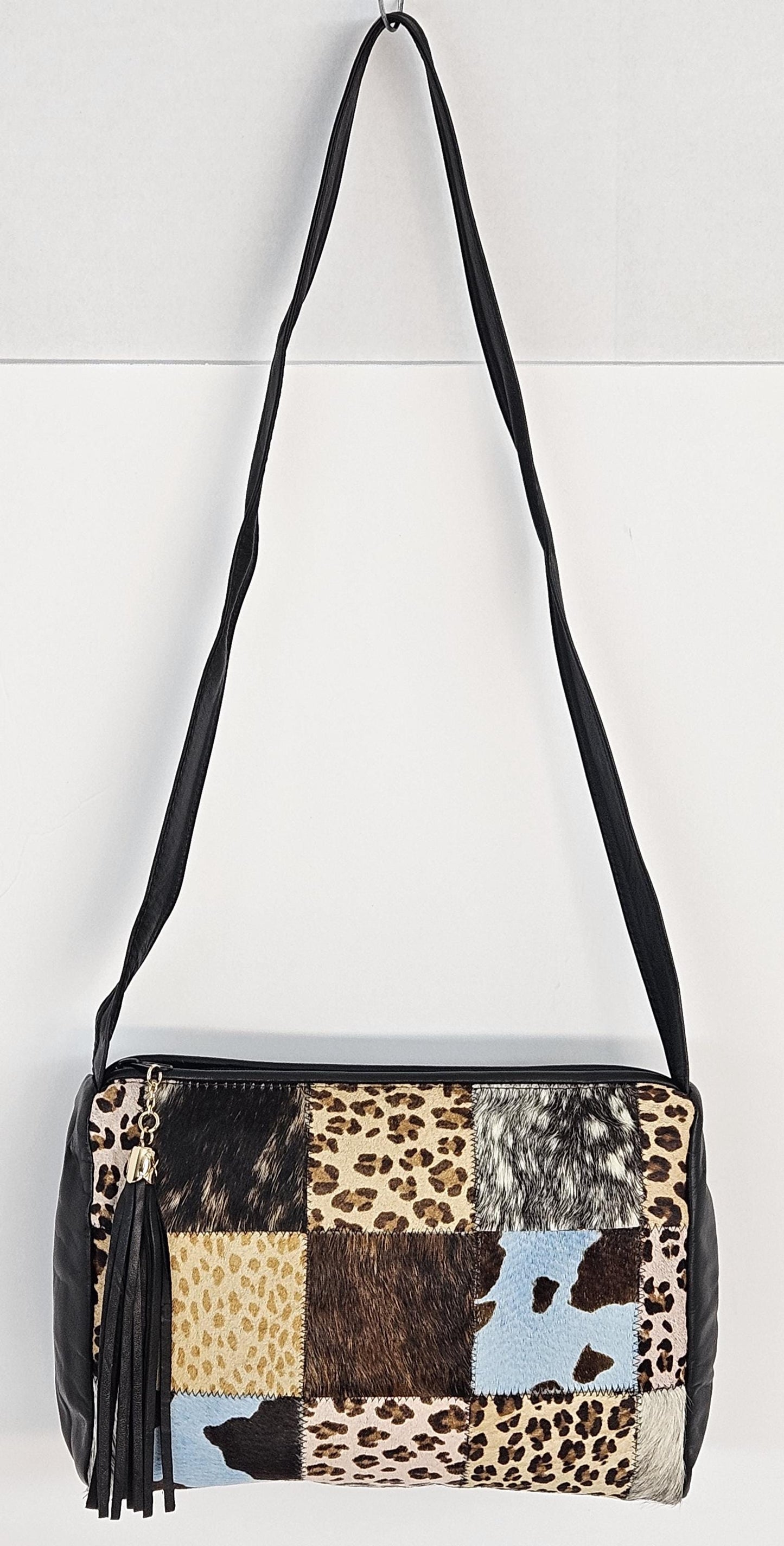 Zigzag Print Leather Handbag: Handmade Black Square Purse