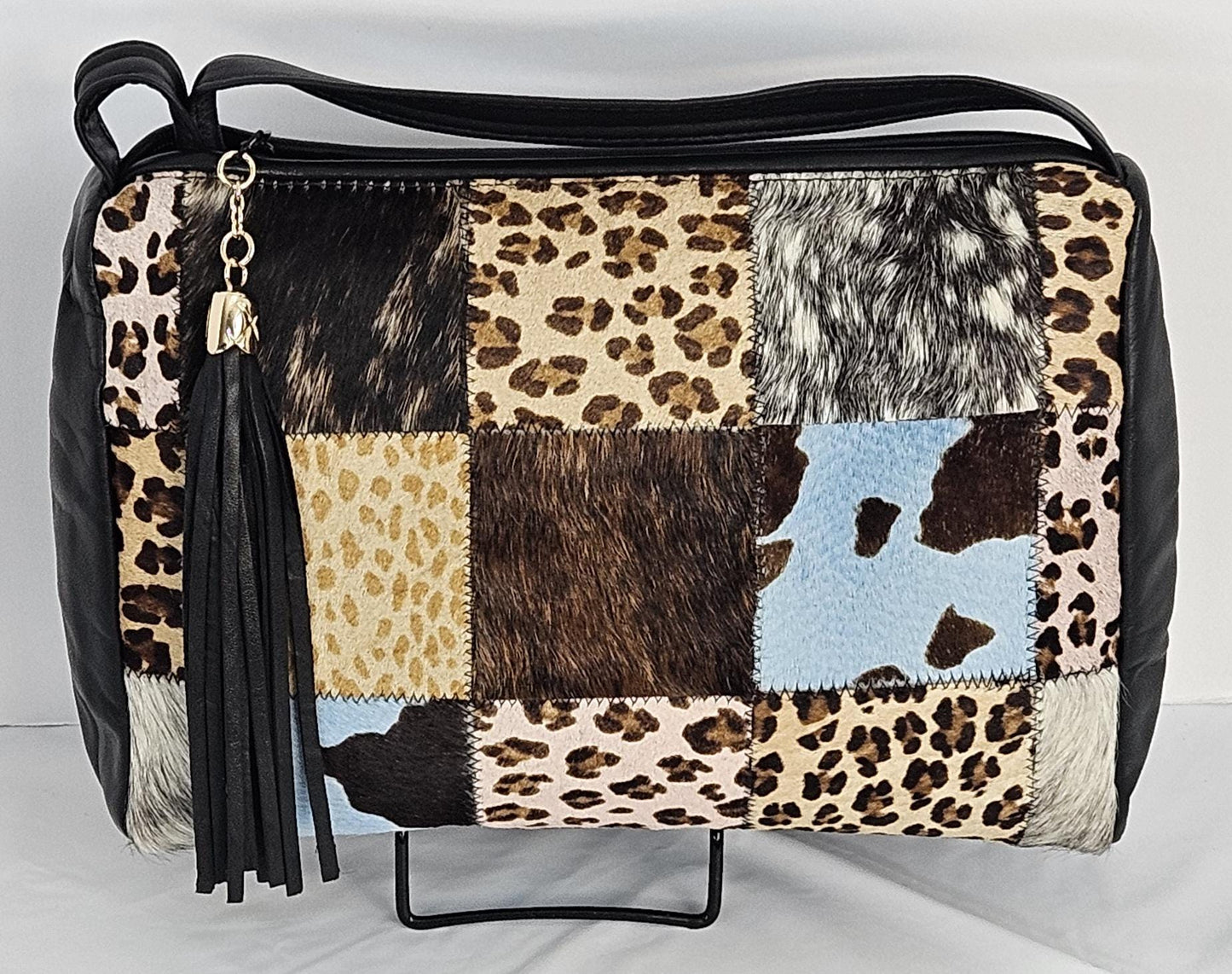 Zigzag Print Leather Handbag: Handmade Black Square Purse