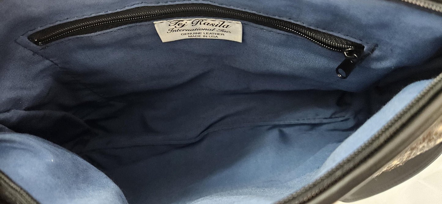 Black with Multi Print Zigzag square.Genuine Leather Hand Made Handbag #TR3018BMP-3.Made in USA.