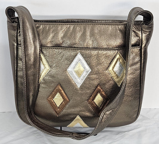 Pewter metallic with gold,pewter,and bronze 6 diamonds cut Zigzag stich.Leather Handbag!Made in USA.#Tr8003Pm6dz.
