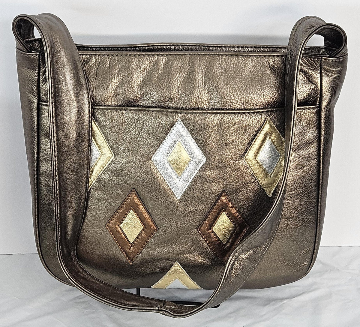 Metallic Leather Handbag: Pewter, Gold & Bronze Zigzag Stitch - Made in USA