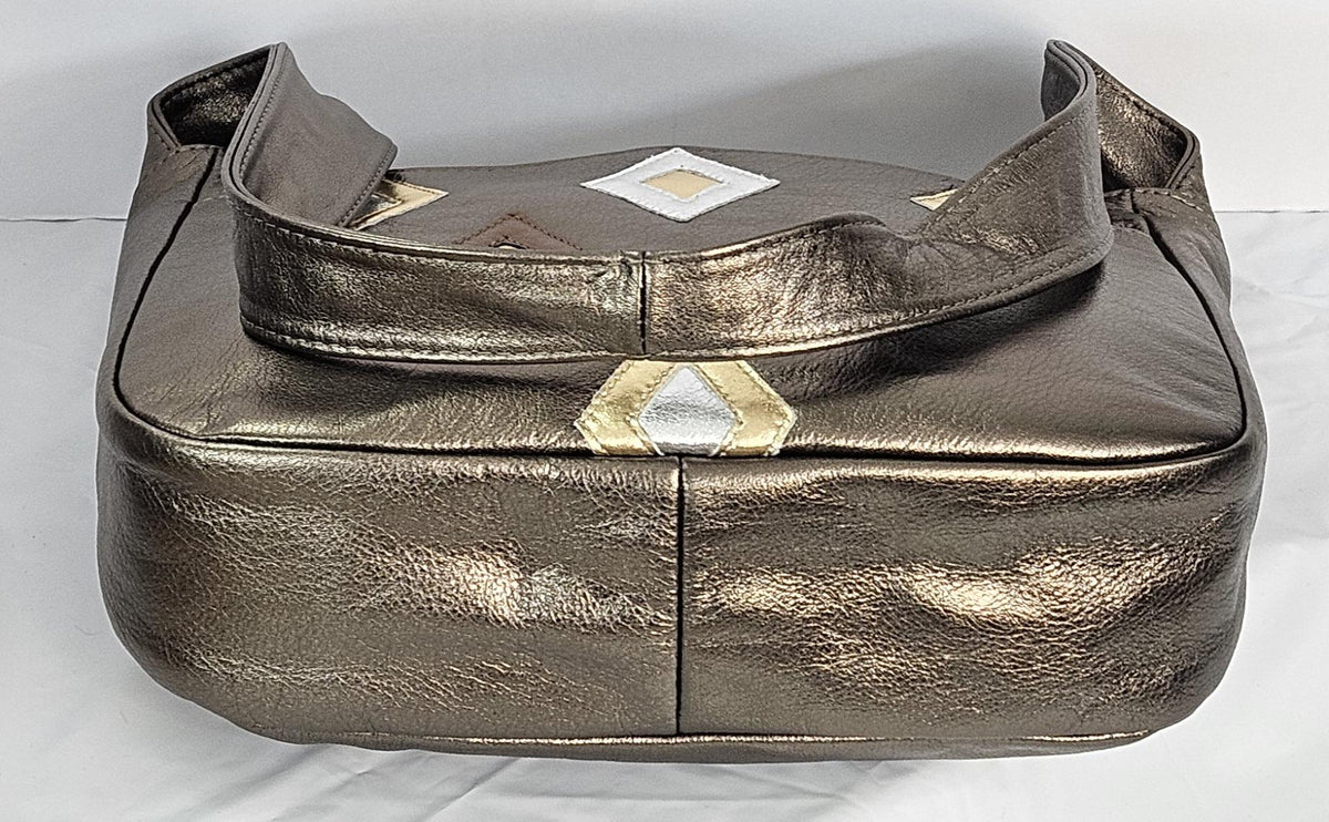 Metallic Leather Handbag: Pewter, Gold & Bronze Zigzag Stitch - Made in USA