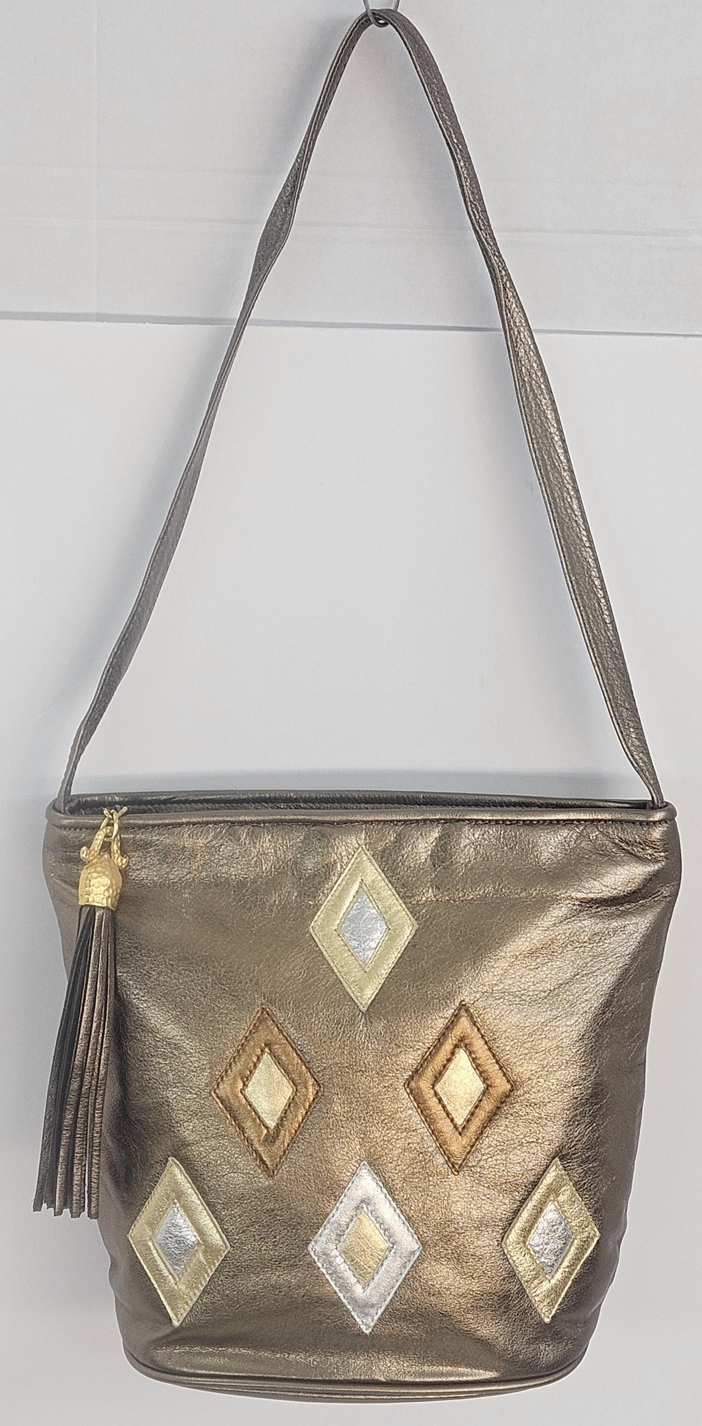 Pewter with 6 diamond cut Zigzag Genuine Leather Hand Made Handbag#TR2022P6dc-gsb.Made in USA!