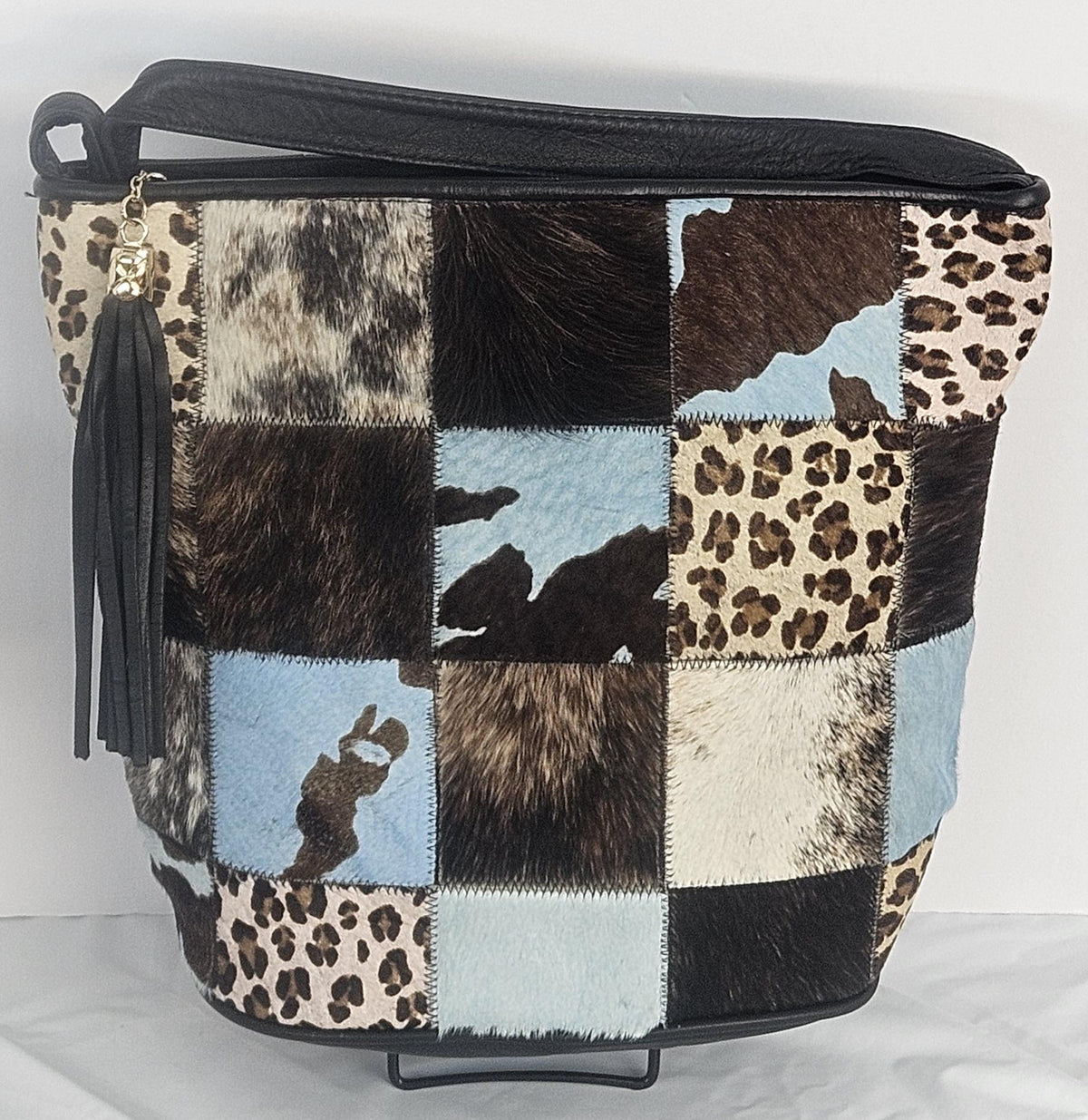 Handmade Black Leather Handbag: Square Zigzag Print, Made in USA