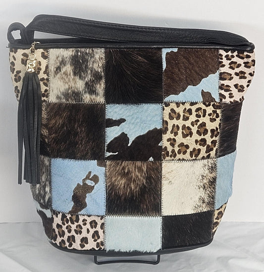 Handmade Black Leather Handbag: Square Zigzag Print, Made in USA