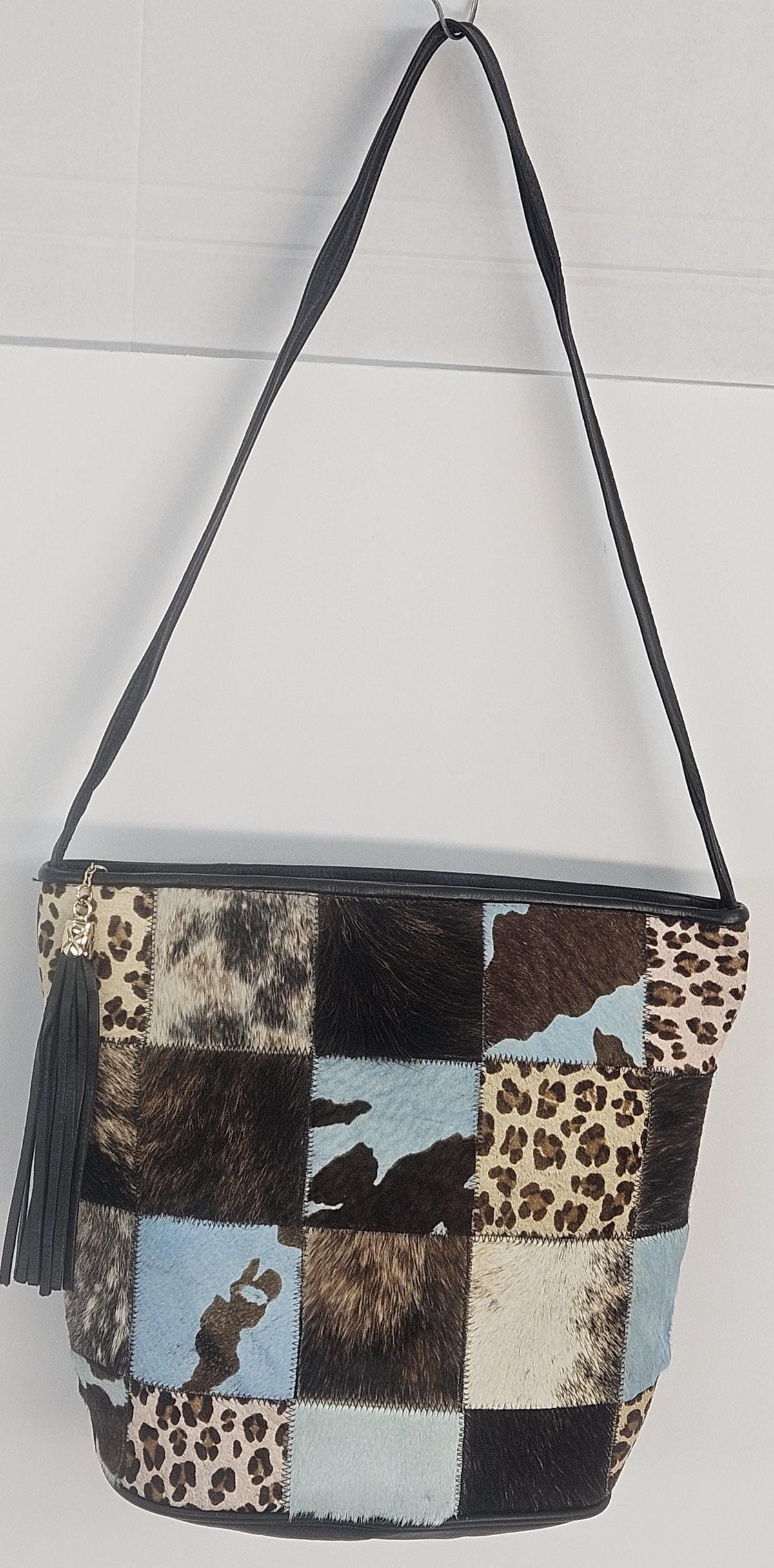 Handmade Black Leather Handbag: Square Zigzag Print, Made in USA
