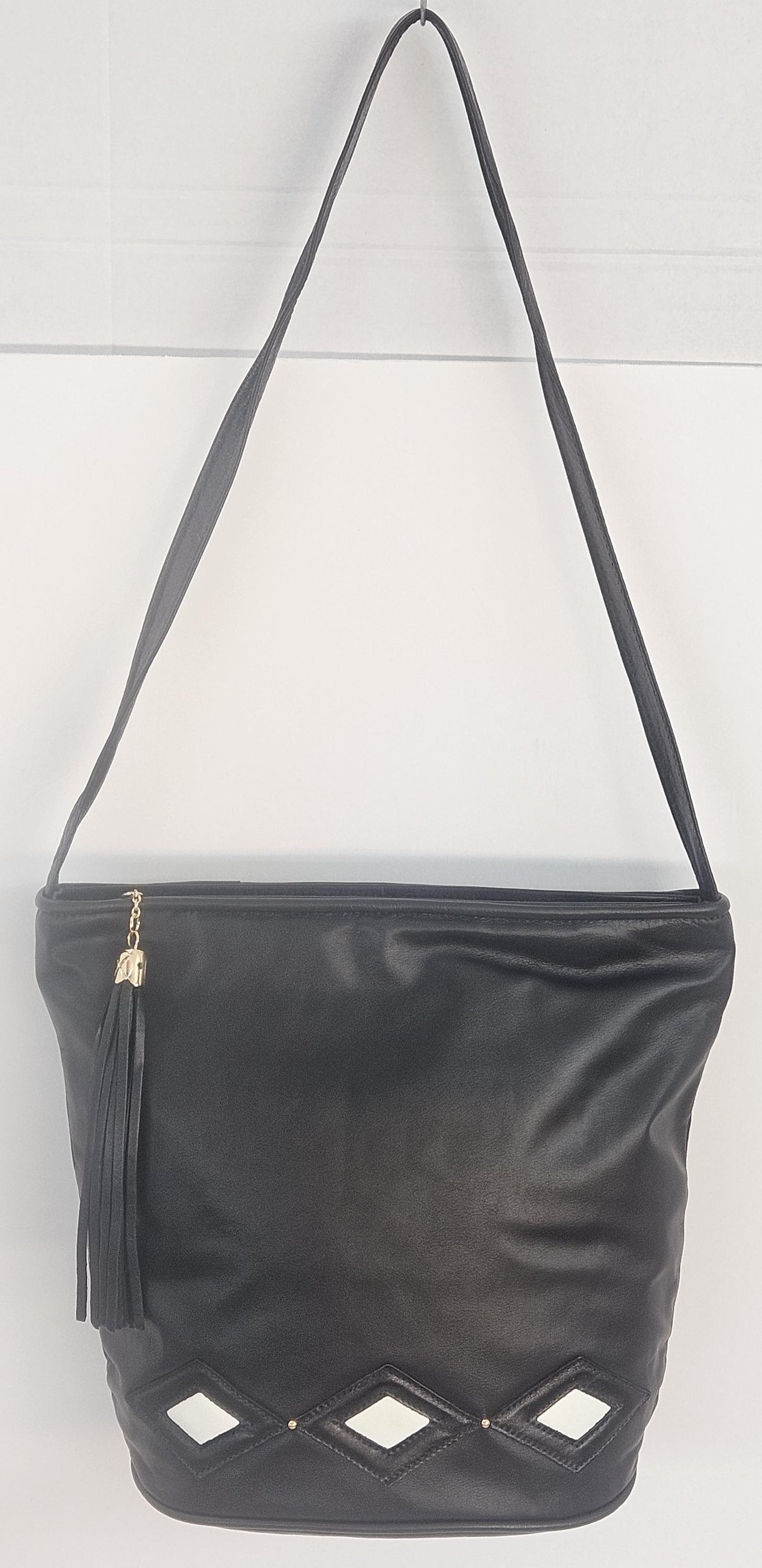 Black Diamond Cut Zigzag Leather Handbag: Handmade in USA