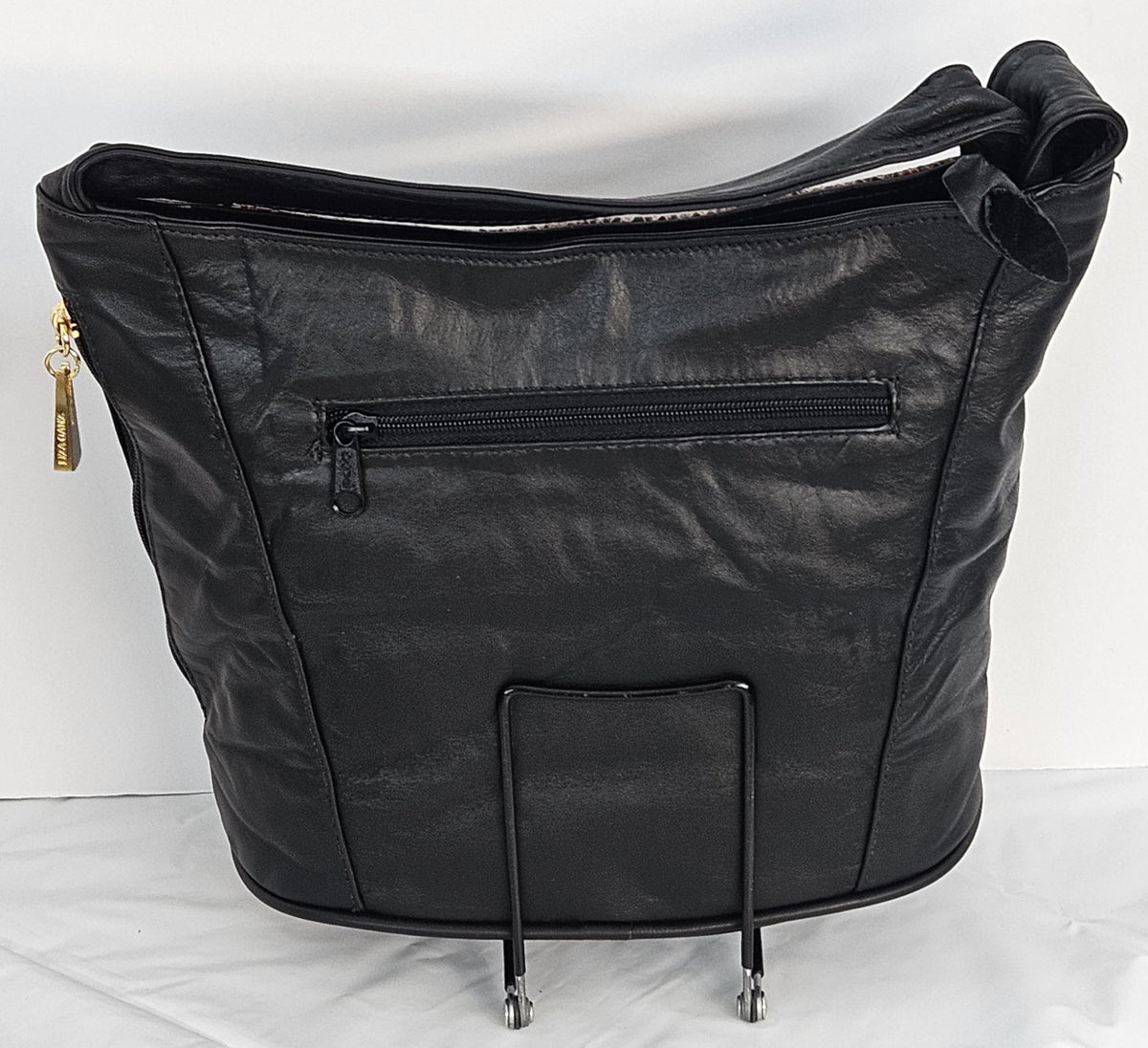 Handmade Black Leather Handbag: Black/Brown Print, Made in USA