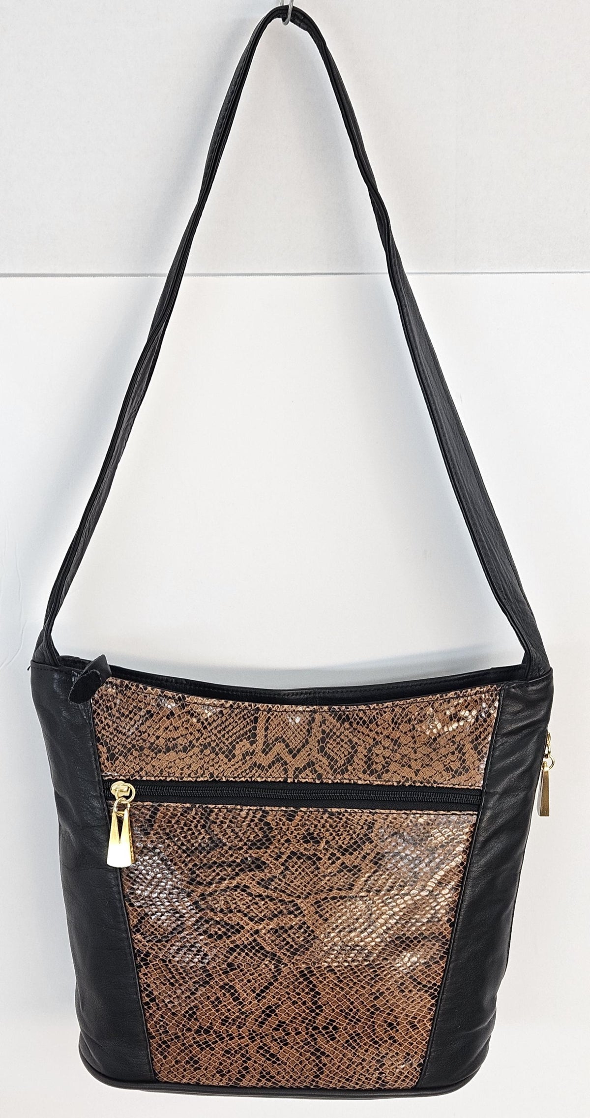 Handmade Black Leather Handbag: Black/Brown Print, Made in USA