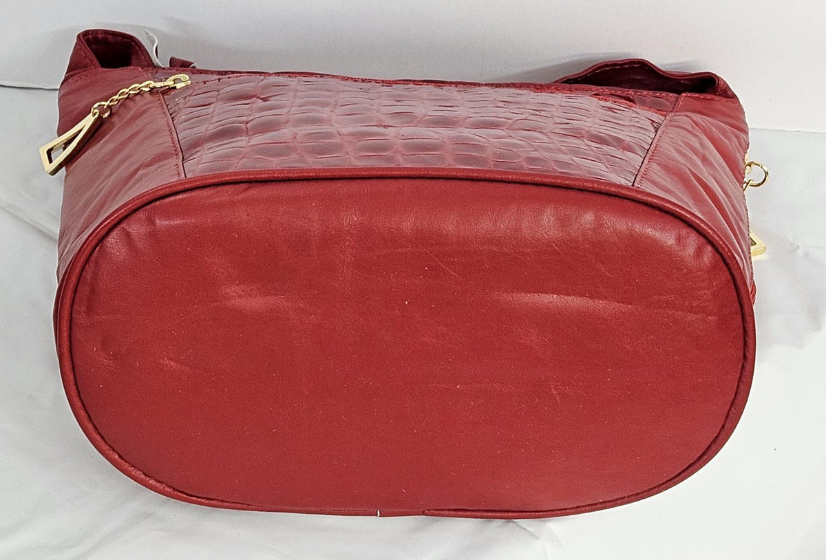 Red Printed Leather Handbag: Handmade in USA