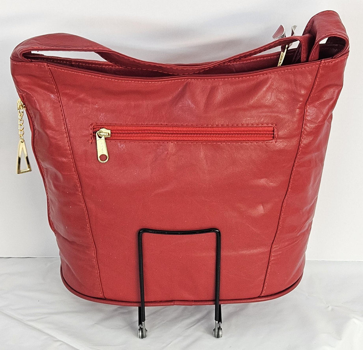Red Printed Leather Handbag: Handmade in USA
