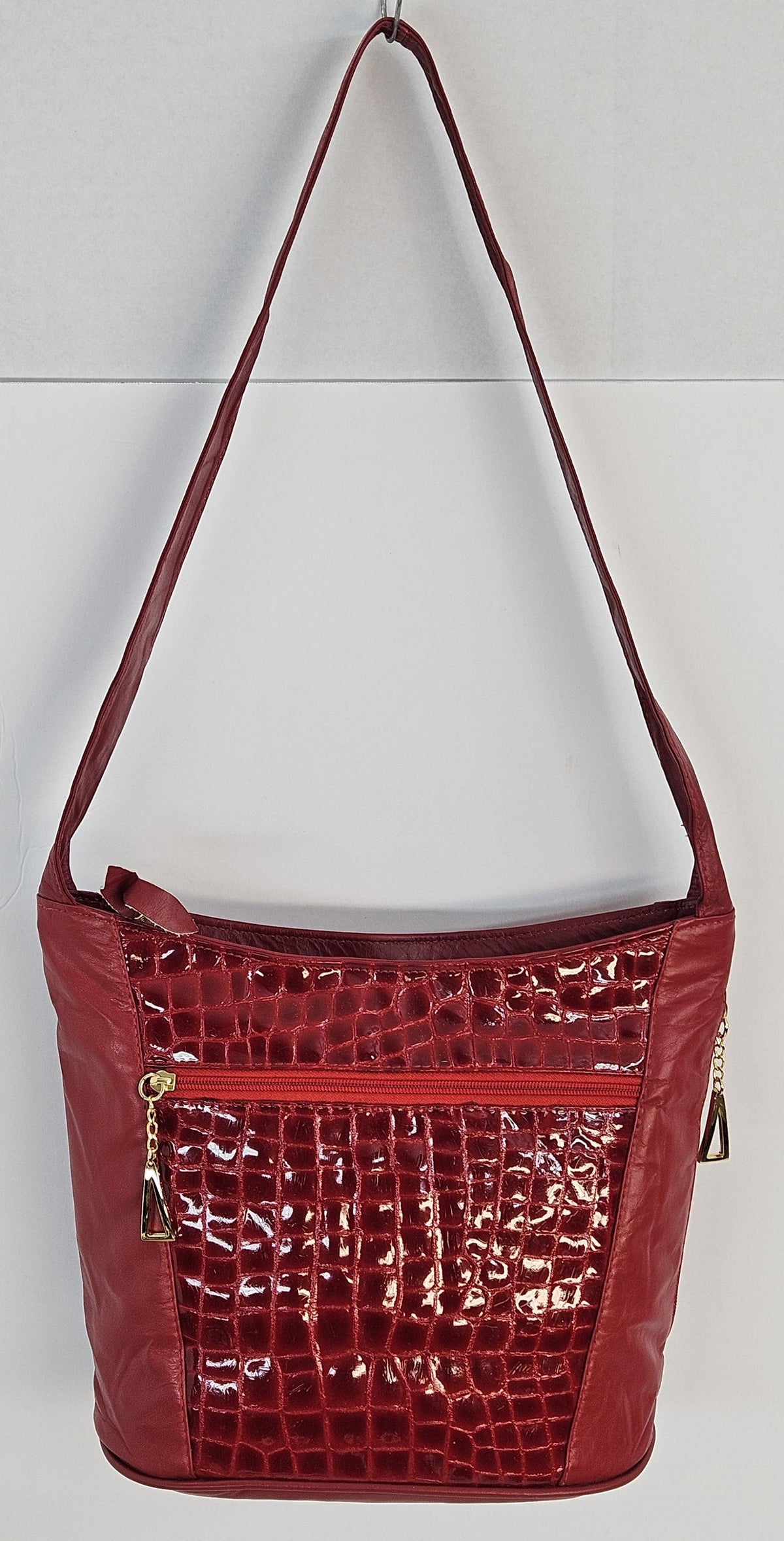 Red Printed Leather Handbag: Handmade in USA