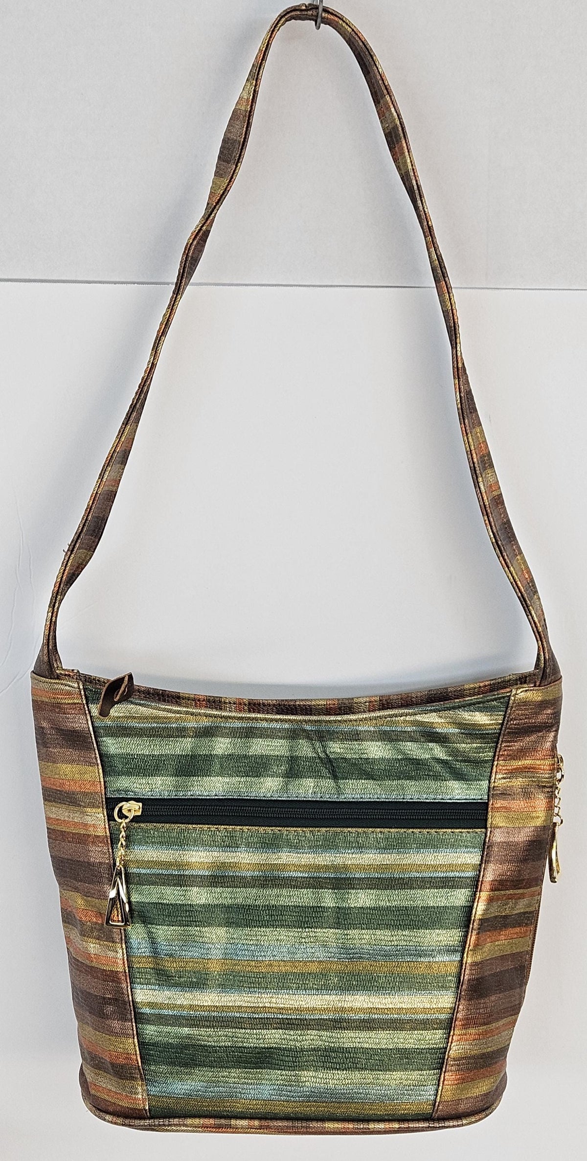 Handmade Leather Handbag: Bronze & Green Multi Print, Made in USA