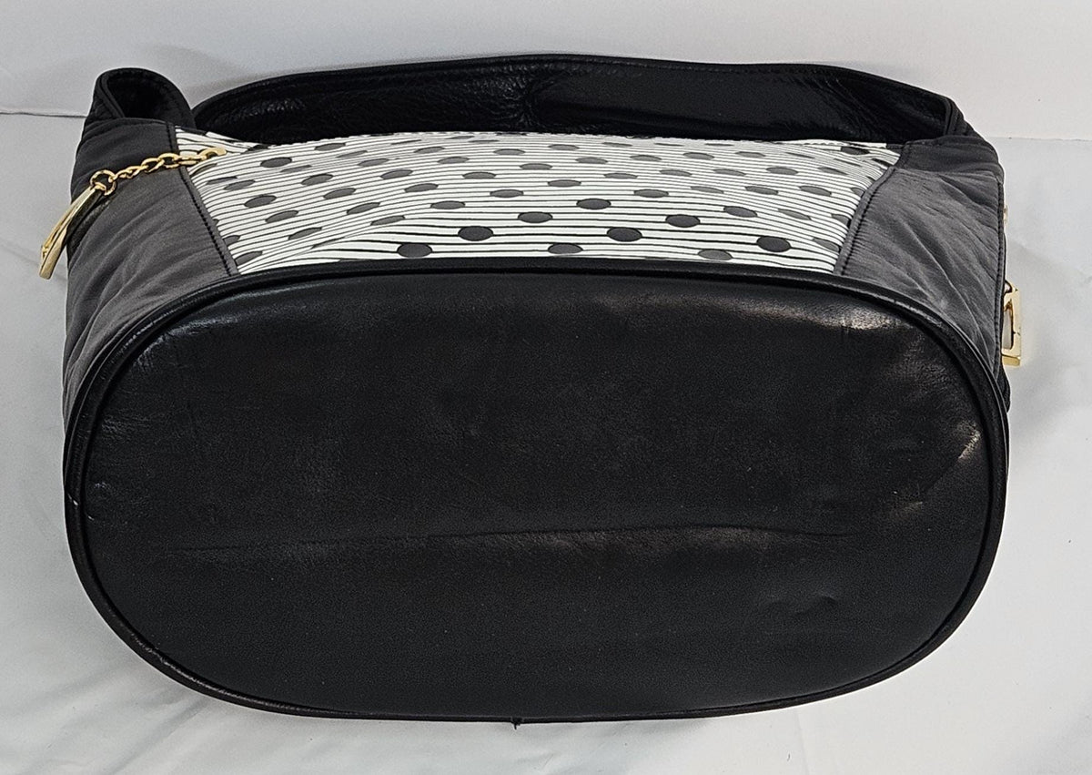 Handmade Black Leather Handbag: Black & White Print, Made in USA