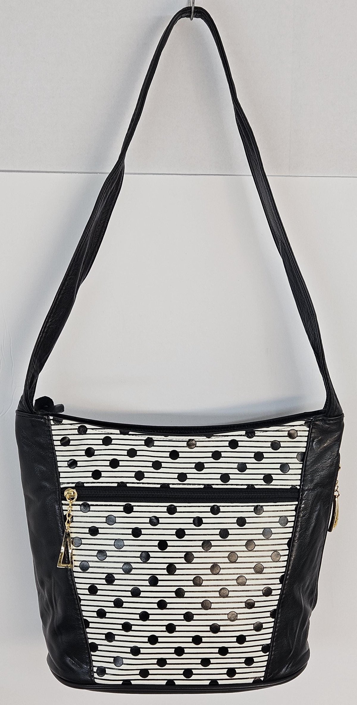 Handmade Black Leather Handbag: Black & White Print, Made in USA