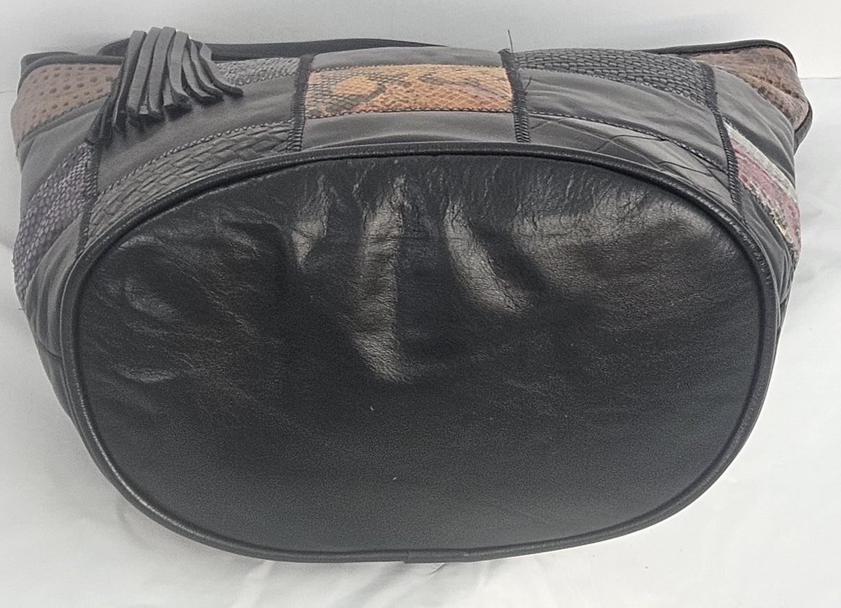 Handmade Leather Handbag: Black Zigzag Square Print, Made in USA