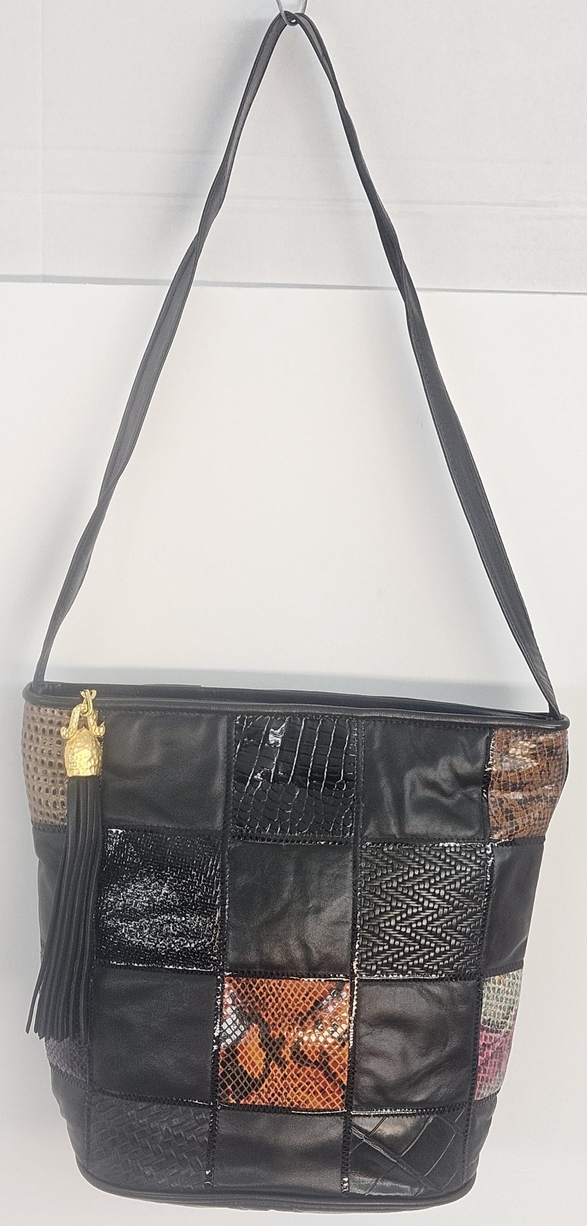 Handmade Leather Handbag: Black Zigzag Square Print, Made in USA