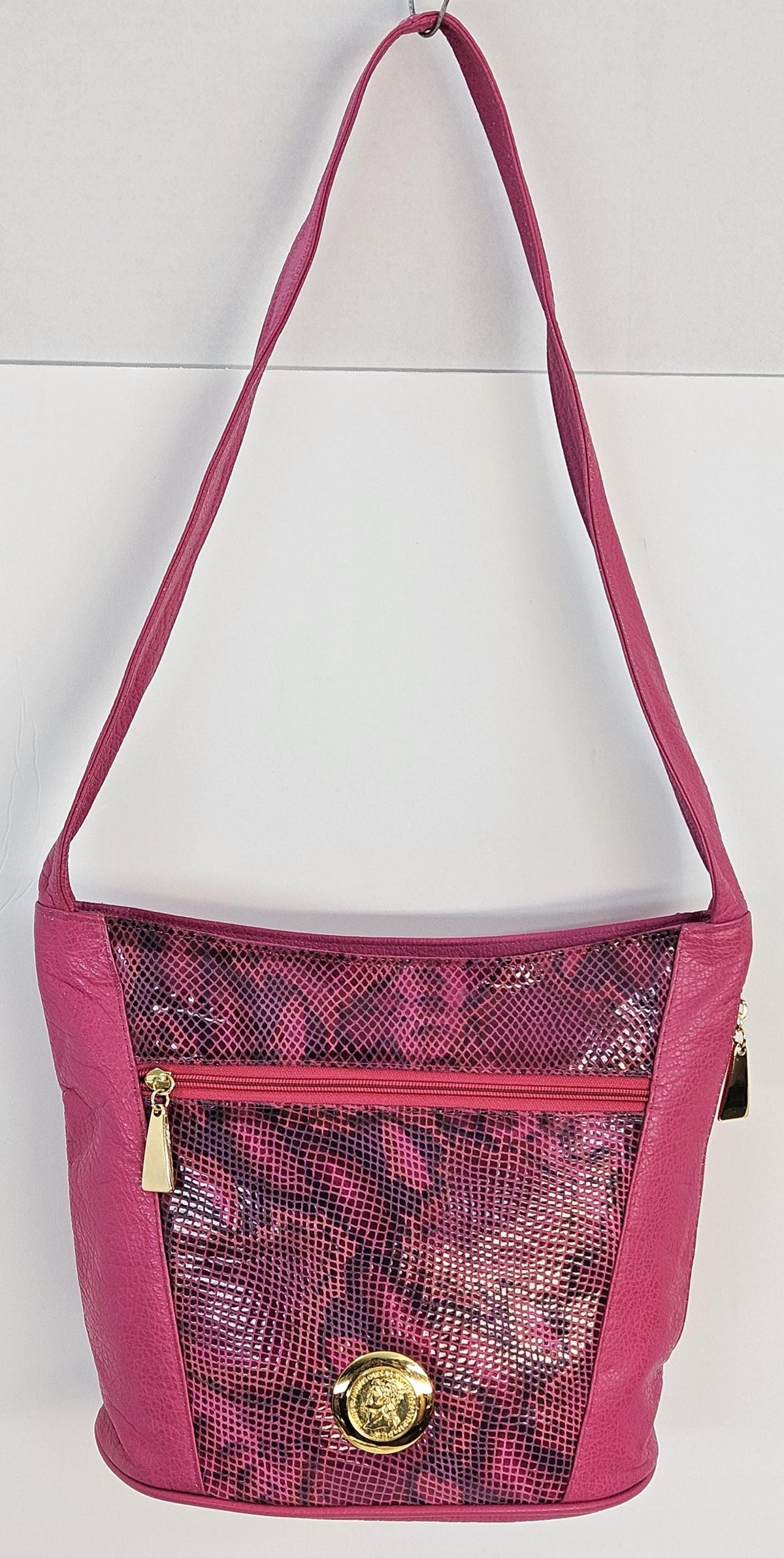 Fuchsia Leather Handbag: Gold Coin Design, Handmade in USA