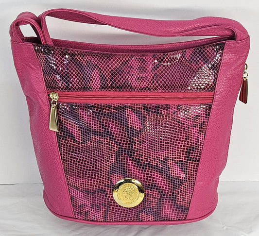 Fuchsia Leather Handbag: Gold Coin Design, Handmade in USA