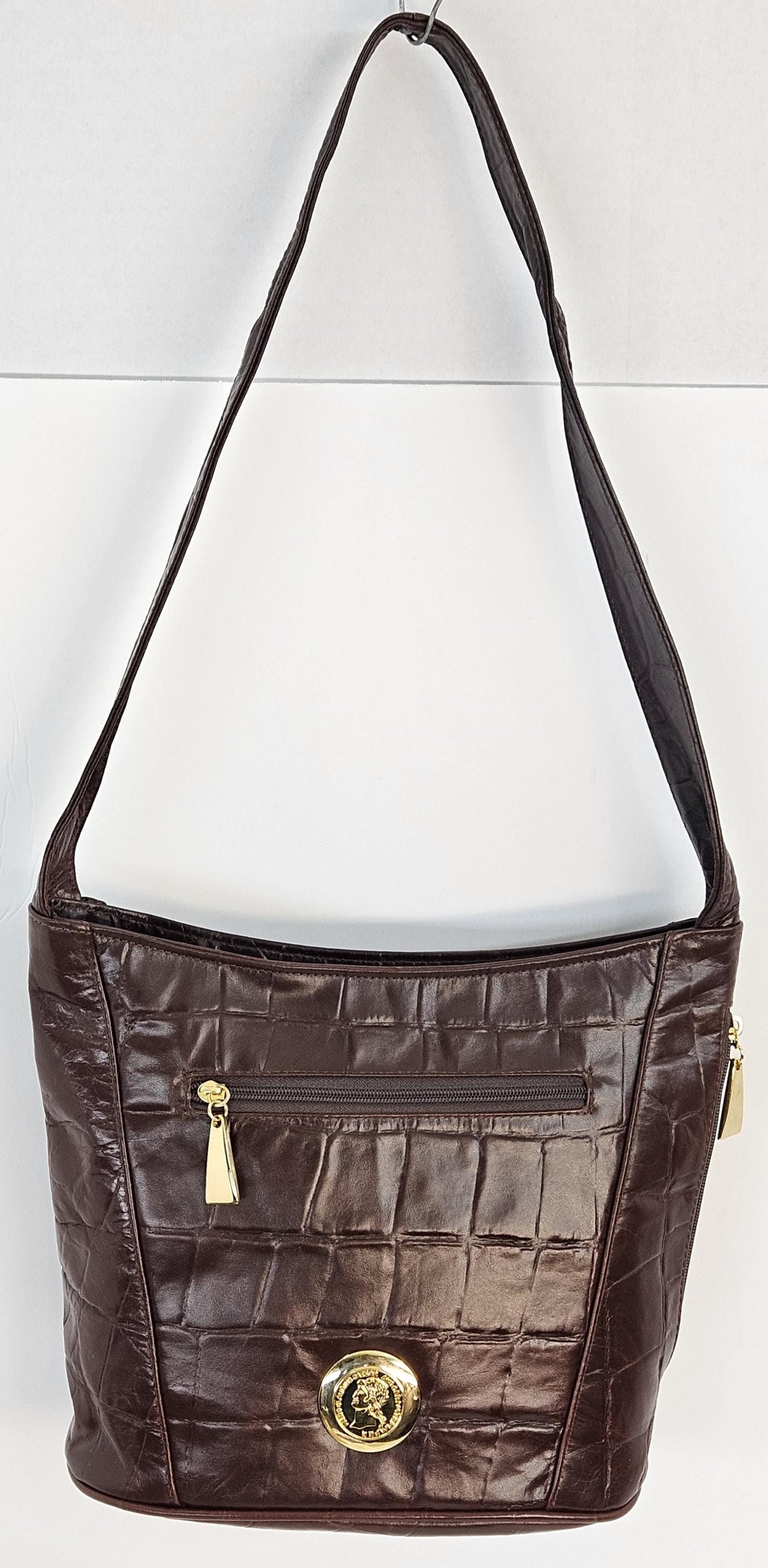 Brown Print Leather Hand Made Handbag!Gold matel coin design.Made in USA!TR8006BP-gmc