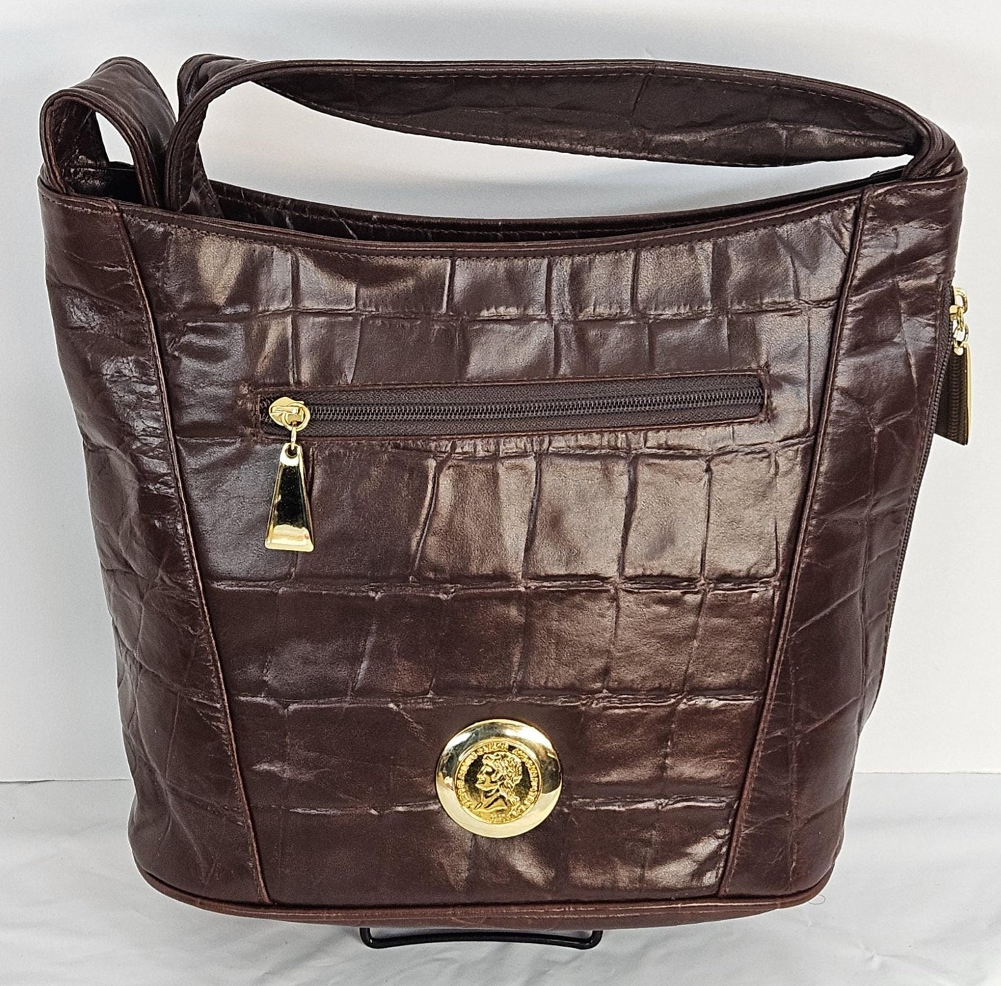 Brown Print Leather Hand Made Handbag!Gold matel coin design.Made in USA!TR8006BP-gmc