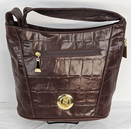 Brown Print Leather Hand Made Handbag!Gold matel coin design.Made in USA!TR8006BP-gmc