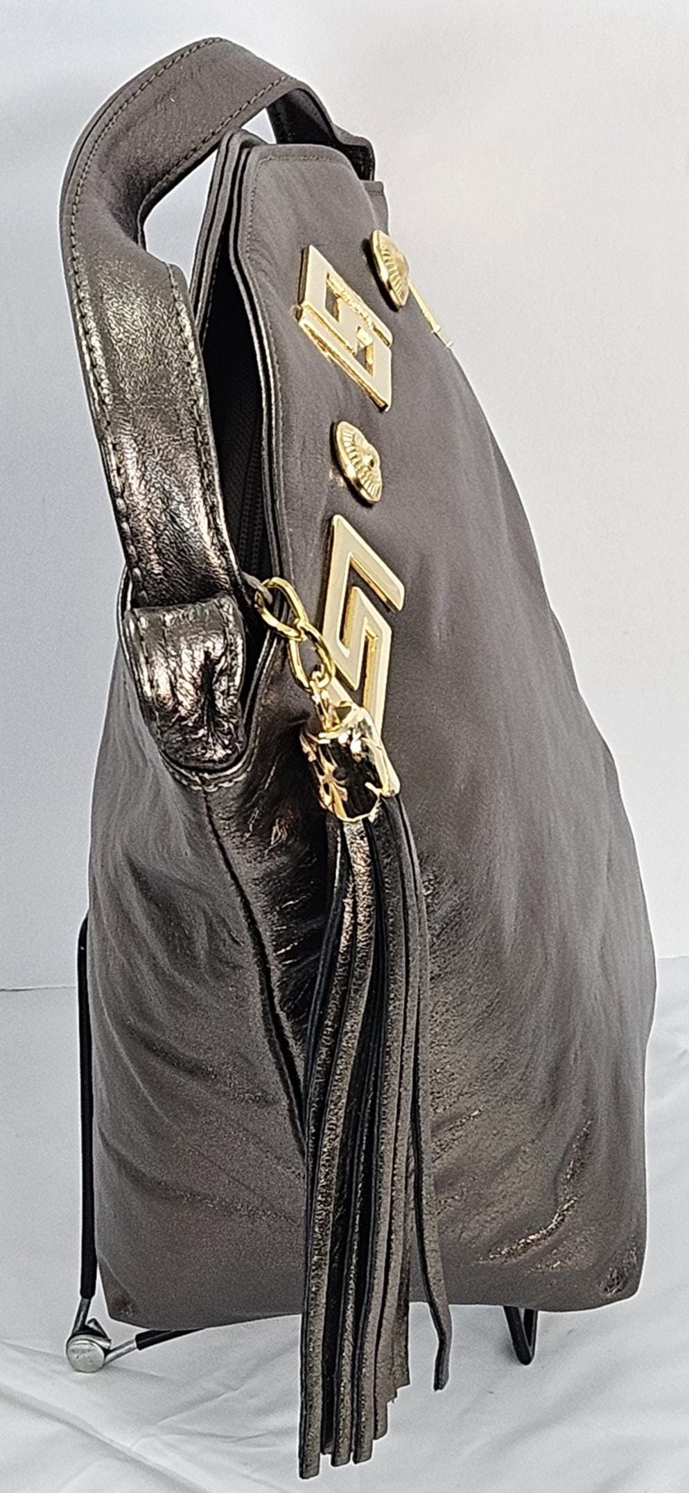 Handmade Leather Handbag: Pewter & Gold Metal Design - Made in USA