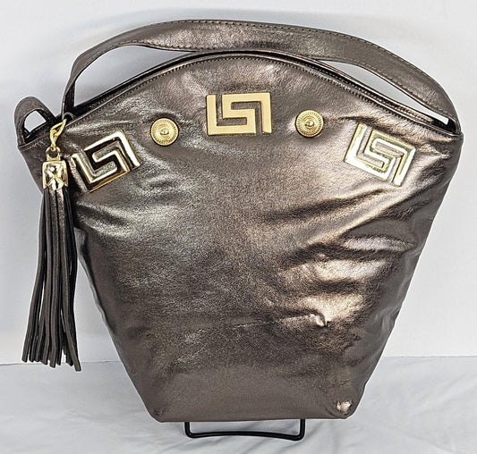 Pewter Gold Z and Butten metal design on Luxury Genuine Leather Hand Made Handbag for women Universal Use.#TR9047-zbp Made in USA!