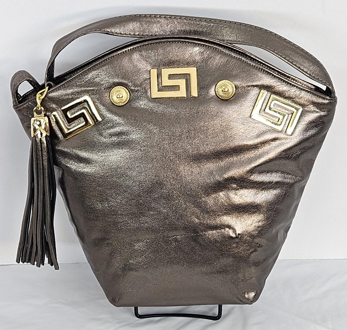 Handmade Leather Handbag: Pewter & Gold Metal Design - Made in USA