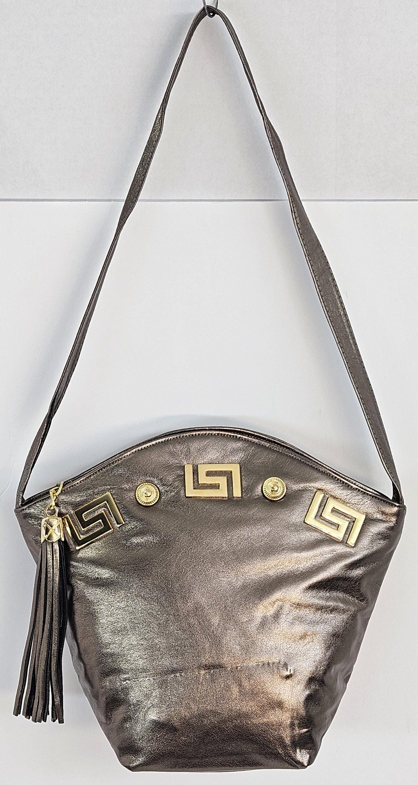 Handmade Leather Handbag: Pewter & Gold Metal Design - Made in USA