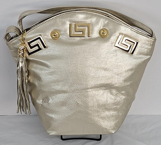 Natural Metallic Luxury Genuine Leather with Gold Z and Butten metal design on  Hand Made Handbag!#TR9047-Nm-gmzb Made in USA